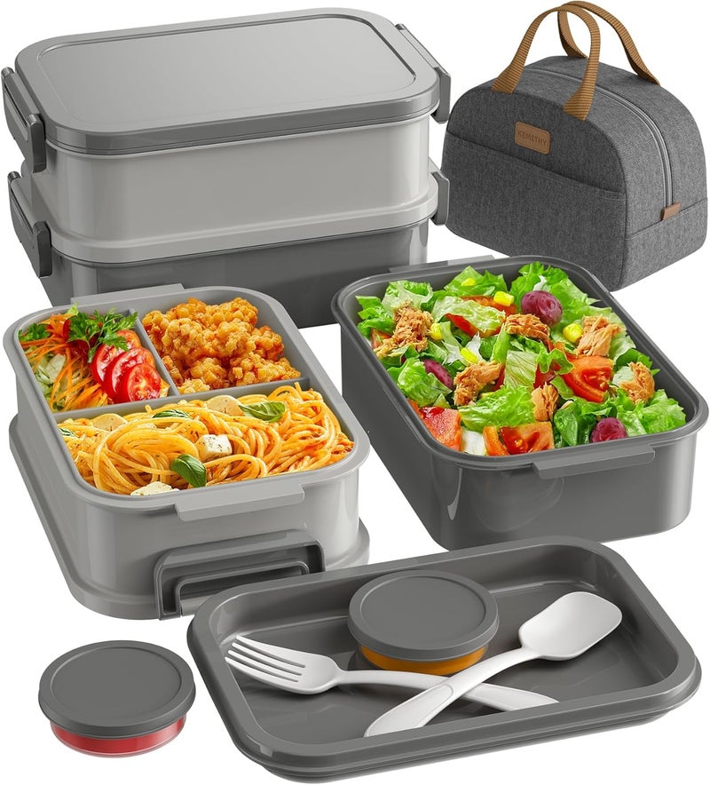 KEMETHY Adults Bento Lunch Box Set with Thermo Bag, 74oz Stackable Leak-proof 3-tiers Bento Box, Built-in Utensil and Sauce Container for Work, School, Dining Out (Gray) - Image 1